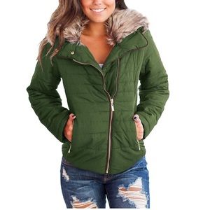 CasualFauxFur Lapel Zip PocketsQuiltedParkaJacket